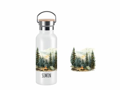 Dvoustěnná nerezová termoska s akvarelovým motivem kempování v lese a možností personalizace.