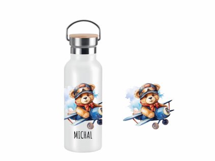 Dvoustěnná nerezová termoska s akvarelovým motivem medvídka pilota v letadle a možností personalizace.