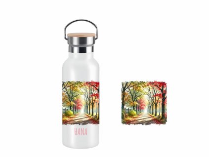 Dvoustěnná nerezová termoska s akvarelovým motivem podzimního parku a možností personalizace.