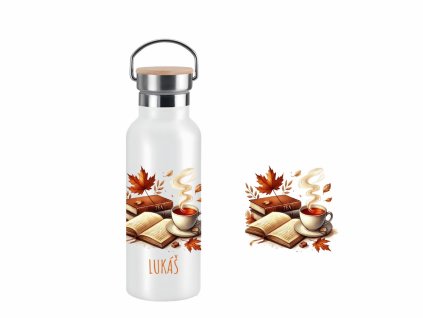 Dvoustěnná nerezová termoska s akvarelovým motivem podzimního čtení, knih a šálku čaje, s možností personalizace.