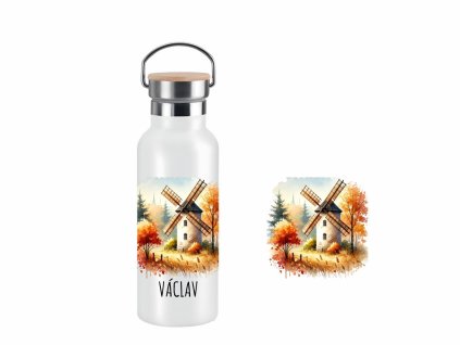 Dvoustěnná nerezová termoska s akvarelovým motivem podzimního větrného mlýna a možností personalizace.