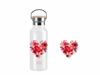 Dvoustěnná nerezová termoska s akvarelovým motivem květinového srdce a možností personalizace.