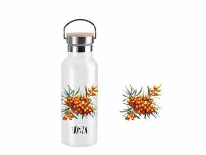 Dvoustěnná nerezová termoska s akvarelovým motivem rakytníku a možností personalizace.