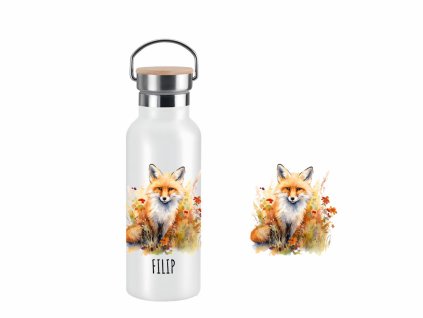 Dvoustěnná nerezová termoska s akvarelovým motivem lišky v přírodě a možností personalizace.