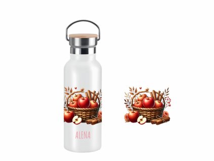 Dvoustěnná nerezová termoska s akvarelovým motivem podzimního košíku plného jablek a skořice, s možností personalizace.