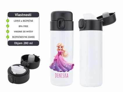 Dětská termoska One Touch 280 ml s motivem kouzelné princezny, bezpečná termoska s vakuovou izolací a odklápěcím víčkem.