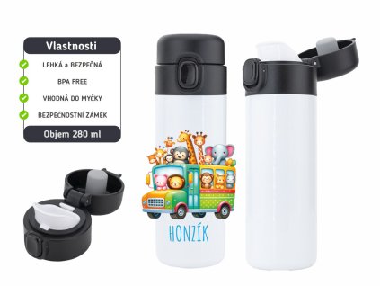 Dětská termoska One Touch 280 ml s motivem autobusu plného zvířátek, vyrobena z nerezové oceli, s vakuovou izolací a bezpečnostním zámkem.Autobus plný zvířátek