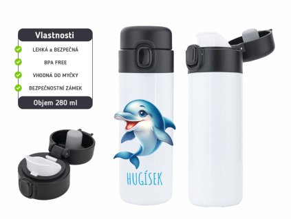 Dětská termoska One Touch 280 ml s motivem delfína, vyrobena z nerezové oceli, s vakuovou izolací a bezpečnostním zámkem.