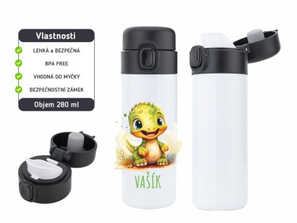Dětská termoska One Touch 280 ml s motivem dinosaura, vyrobena z nerezové oceli, s vakuovou izolací a bezpečnostním zámkem.
