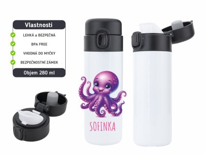 Dětská termoska One Touch 280 ml s motivem chobotnice, vyrobena z nerezové oceli, s vakuovou izolací a bezpečnostním zámkem.