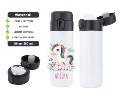 Dětská termoska One Touch 280 ml s motivem jednorožce, vyrobena z nerezové oceli, s vakuovou izolací a bezpečnostním zámkem.