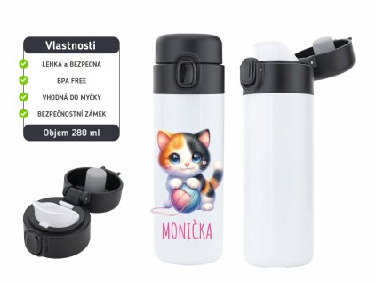 Dětská termoska One Touch 280 ml s motivem kočičky a klubíčka, vyrobena z nerezové oceli, s vakuovou izolací a bezpečnostním zámkem.
