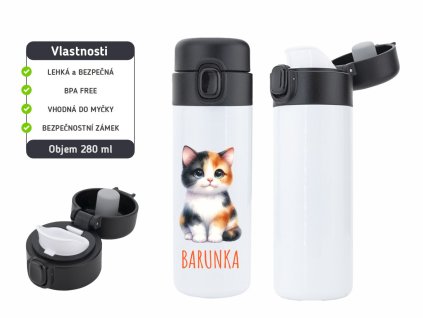 Dětská termoska One Touch 280 ml s motivem kočičky, vyrobena z nerezové oceli, s vakuovou izolací a bezpečnostním zámkem.