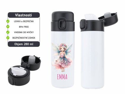 Dětská termoska One Touch 280 ml s motivem květinové víly, vyrobena z nerezové oceli, s vakuovou izolací a bezpečnostním zámkem.