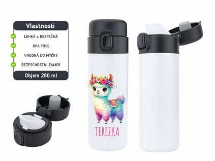 Dětská termoska One Touch 280 ml s motivem barevné lamy, vyrobena z nerezové oceli, s vakuovou izolací a bezpečnostním zámkem.
