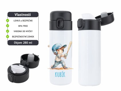 Dětská termoska One Touch 280 ml s motivem malého baseballisty, vyrobena z nerezové oceli, s vakuovou izolací a bezpečnostním zámkem.