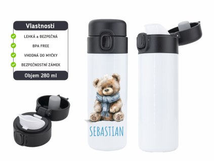 Dětská termoska One Touch 280 ml s motivem medvídka se šálou, vyrobena z nerezové oceli, s vakuovou izolací a bezpečnostním zámkem.