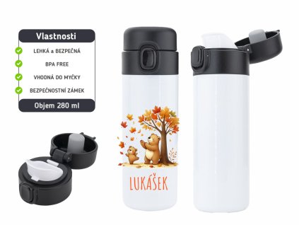 Dětská termoska One Touch 280 ml s motivem medvídků chytajících podzimní listy, vyrobena z nerezové oceli, s vakuovou izolací a bezpečnostním zámkem.