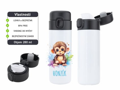 Dětská termoska One Touch 280 ml s motivem opičky, nerezová ocel, vakuová izolace, bezpečnostní zámek.