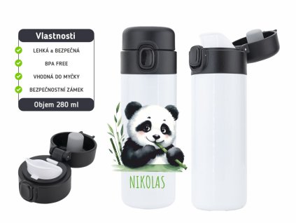 Dětská termoska One Touch 280 ml s motivem pandy, vyrobena z nerezové oceli, s vakuovou izolací a bezpečnostním zámkem.