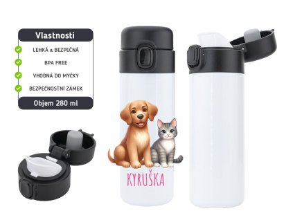 Dětská termoska One Touch 280 ml s motivem pejska a kočičky, vyrobena z nerezové oceli, s vakuovou izolací a bezpečnostním zámkem.