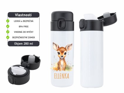 Dětská termoska One Touch 280 ml s motivem srnečky, vyrobena z nerezové oceli, s vakuovou izolací a bezpečnostním zámkem.