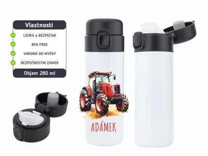 Dětská termoska One Touch 280 ml s motivem traktoru, vyrobena z nerezové oceli, s vakuovou izolací a bezpečnostním zámkem.