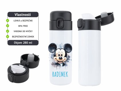 Dětská termoska One Touch 280 ml s motivem veselého myšáka, vyrobena z nerezové oceli, s vakuovou izolací a bezpečnostním zámkem.