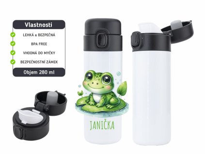 Dětská termoska One Touch 280 ml s motivem žabičky na leknínu, vyrobena z nerezové oceli, s vakuovou izolací a bezpečnostním zámkem.