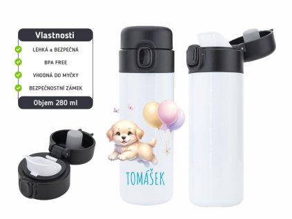 Dětská termoska One Touch 280 ml s motivem pejska s balónky, vyrobena z nerezové oceli, s vakuovou izolací a bezpečnostním zámkem.