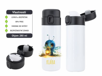 Dětská termoska One Touch 280 ml s motivem světlušky, vyrobena z nerezové oceli, s vakuovou izolací a bezpečnostním zámkem.