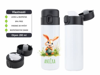Dětská termoska One Touch 280 ml s motivem veselého zajíčka, vyrobena z nerezové oceli, s vakuovou izolací a bezpečnostním zámkem.