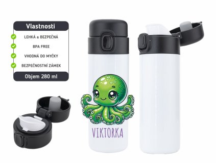 Dětská termoska One Touch 280 ml s motivem chobotničky, vyrobena z nerezové oceli, s vakuovou izolací a bezpečnostním zámkem.