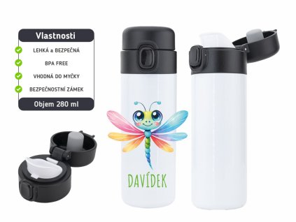 Dětská termoska One Touch 280 ml s motivem barevné vážky, vyrobena z nerezové oceli, s vakuovou izolací a bezpečnostním zámkem.
