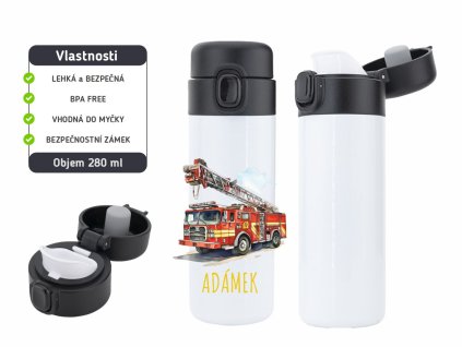 Dětská termoska One Touch 280 ml s motivem hasičského vozu, vyrobena z nerezové oceli, s vakuovou izolací a bezpečnostním zámkem.
