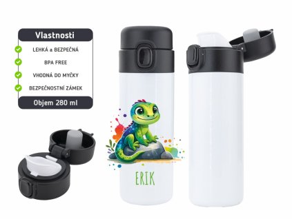 Dětská termoska One Touch 280 ml s motivem ještěrky, vyrobena z nerezové oceli, s vakuovou izolací a bezpečnostním zámkem.Ještěrka