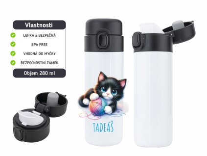 Dětská termoska One Touch 280 ml s motivem kočičky hrající si s klubíčkem, vyrobena z nerezové oceli, s vakuovou izolací a bezpečnostním zámkem.