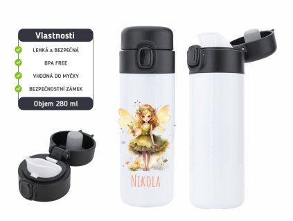Dětská termoska One Touch 280 ml s motivem lesní víly, vyrobena z nerezové oceli, s vakuovou izolací a bezpečnostním zámkem.