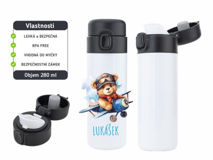 Dětská termoska One Touch 280 ml s motivem medvídka v letadle, bezpečnostní zámek, BPA free.