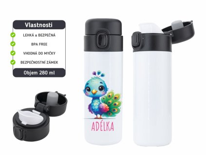 Dětská termoska One Touch 280 ml s motivem páva, bezpečnostní zámek, BPA free.