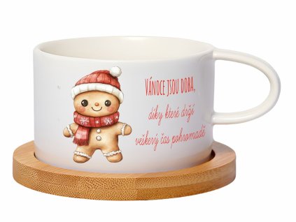 Hrnek makronka 200 ml – Perníčkový panáček s motivem vánočního perníčku a bambusovým podšálkem