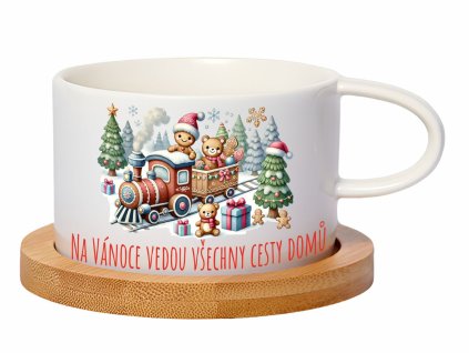 Hrnek makronka 200 ml – Vánoční Expres s motivem vánočního vláčku s medvídky, dárky a stromečky a bambusovým podšálkem
