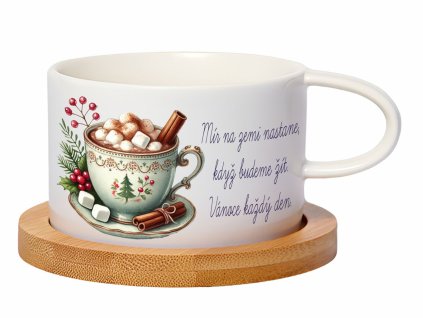 Hrnek makronka 200 ml – Vánoční horká čokoláda s motivem šálku horké čokolády, marshmallows a vánočními ozdobami, s bambusovým podšálkem