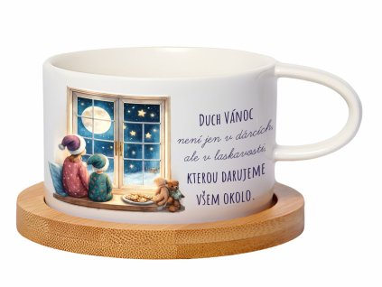 Hrnek makronka 200 ml s motivem dětí sedících u okna, čekajících na Santu, s hvězdnou noční oblohou a bambusovým podšálkem. Vánoční designový hrnek.
