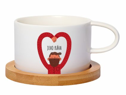 Keramický hrnek s motivem muže a nápisem „Jeho káva“, obklopeným srdcem, doplněný o bambusovou podložku. Skvělý valentýnský dárek.