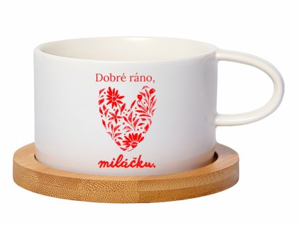 Keramický hrnek s nápisem „Dobré ráno, miláčku“, květinovým srdcem a bambusovou podložkou. Perfektní romantický dárek pro každý den.