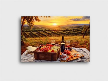 Piknikový koš s vínem a ovoce s výhledem na vinice v západu slunce na plátně, dokonalý pro přidání tepla a pohody do vašeho interiéru.