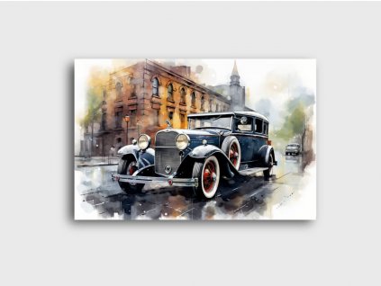 Akvarelový obraz znázorňující starý automobil s chromovými detaily, parkující před historickými budovami.