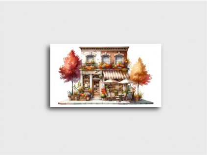 Akvarelový obrázek kavárny obklopené podzimními stromy