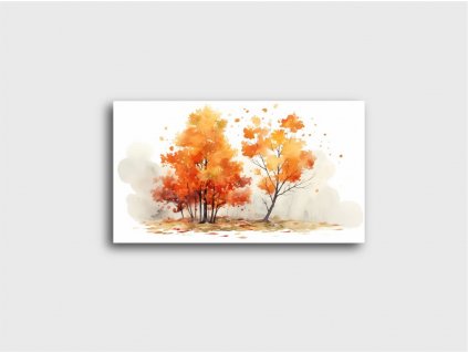 Podzimní akvarelová malba s oranžovými a červenými stromy